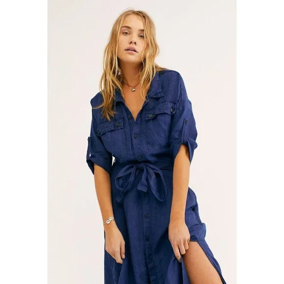 NWT Free People x CP Shades Allie Maxi in Indigo Blue Linen Shirt Dress L - Picture 2 of 7